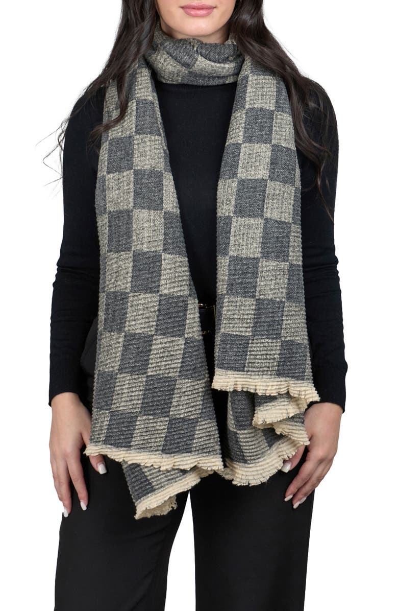 SAACHI Fringe Checkered Scarf, Main, color, Grey