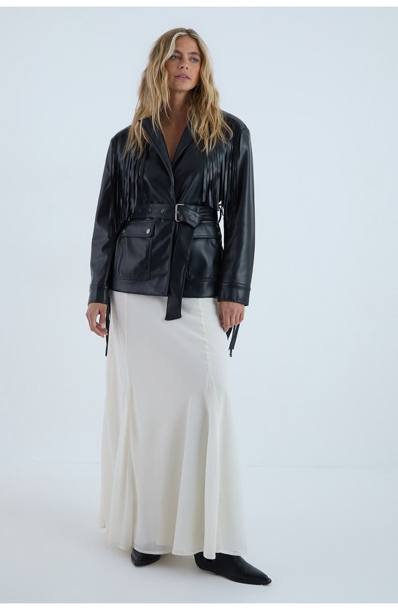 NASTY GAL Fringe Faux Leather Belted Jacket, Alternate, color, Black