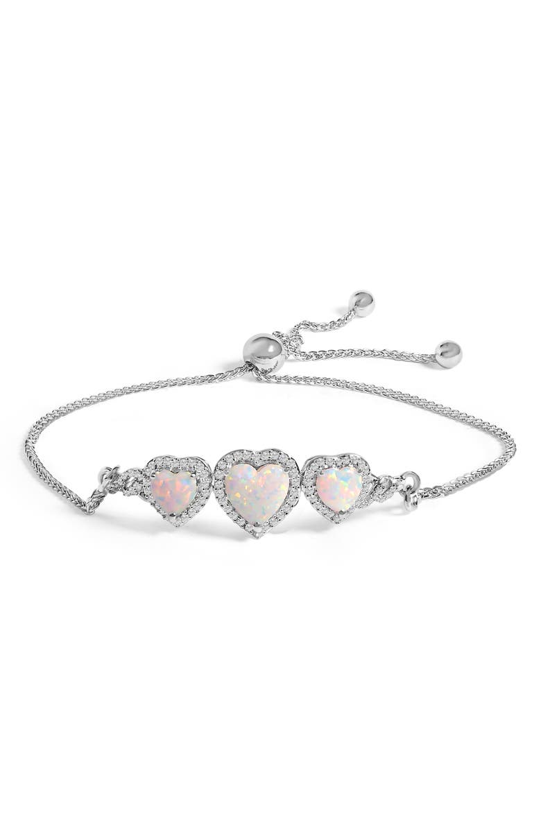 Haus of Brilliance .925 Sterling Silver Created Opal Triple Heart and White Sapphire Bolo Bracelet, Main, color, White