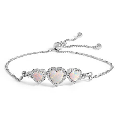.925 Sterling Silver Created Opal Triple Heart and White Sapphire Bolo Bracelet