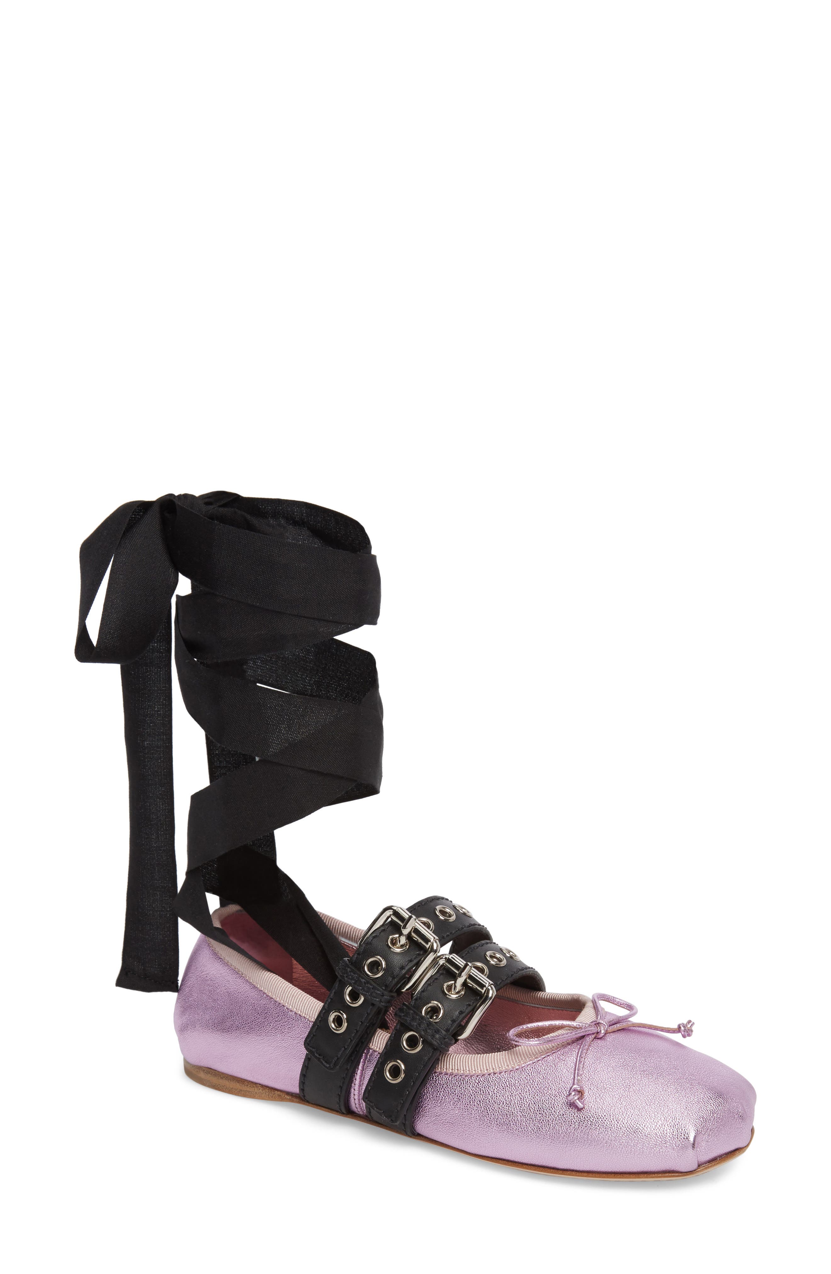 Miu Miu Lace-Up Ballerina Flat, Main, color, 
