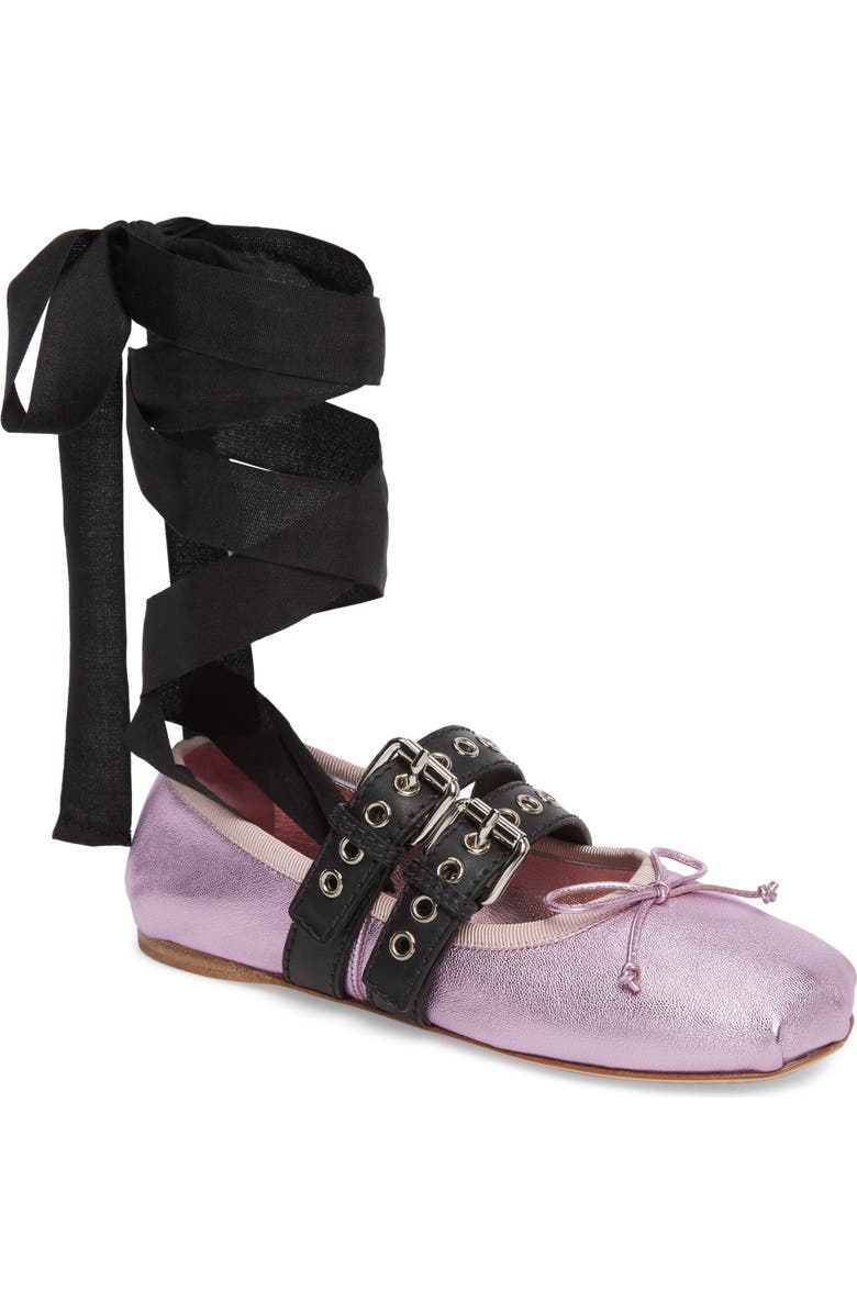 Miu Miu Lace-Up Ballerina Flat, Main, color,