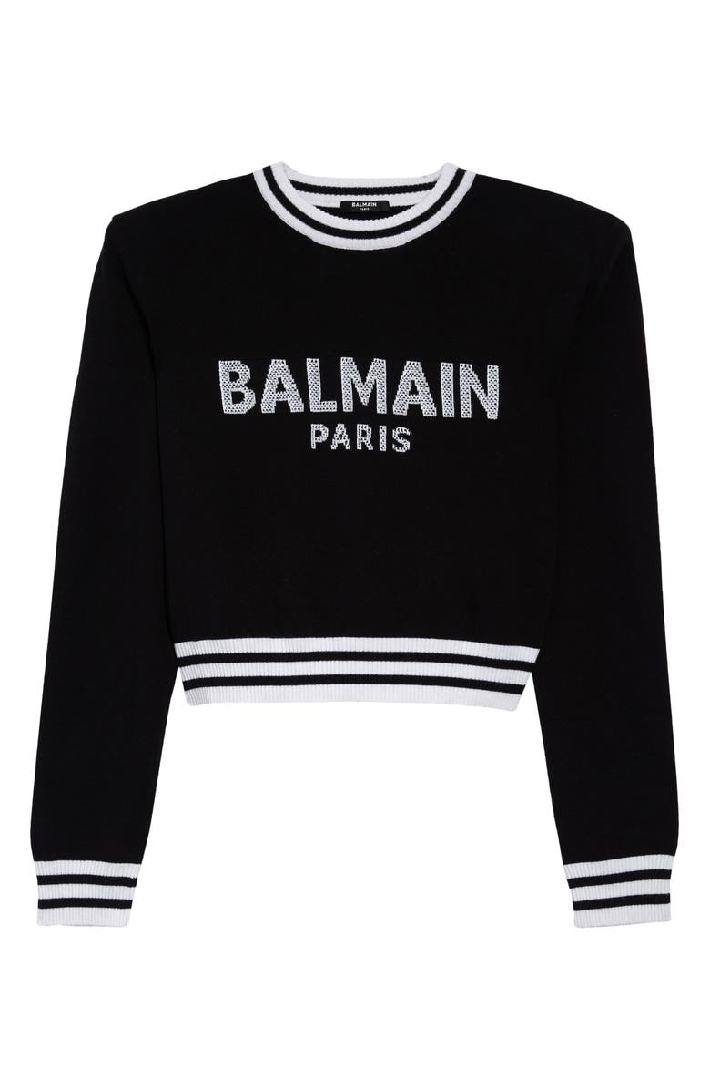 Balmain Mesh Logo Wool Blend Crop Sweater, Main, color,