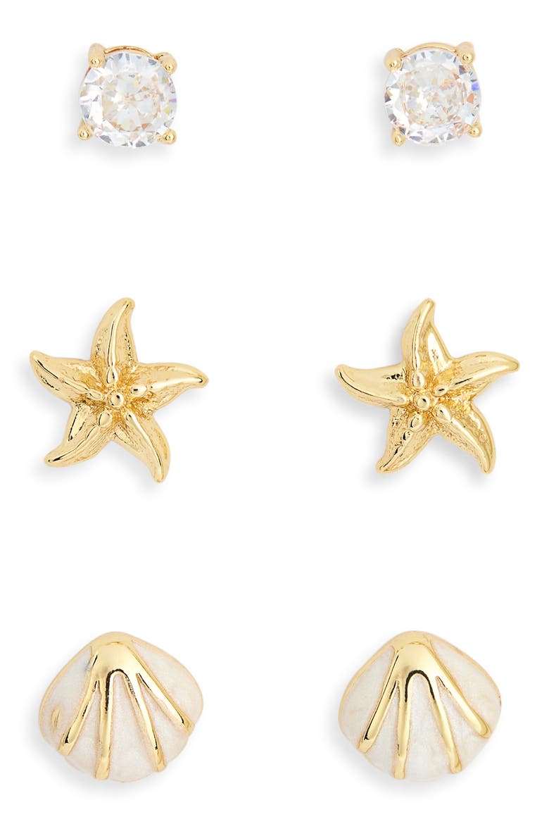 Set of 3 Cubic Zirconia Seaside Stud Earrings, Alternate, color, CLEAR- GOLD