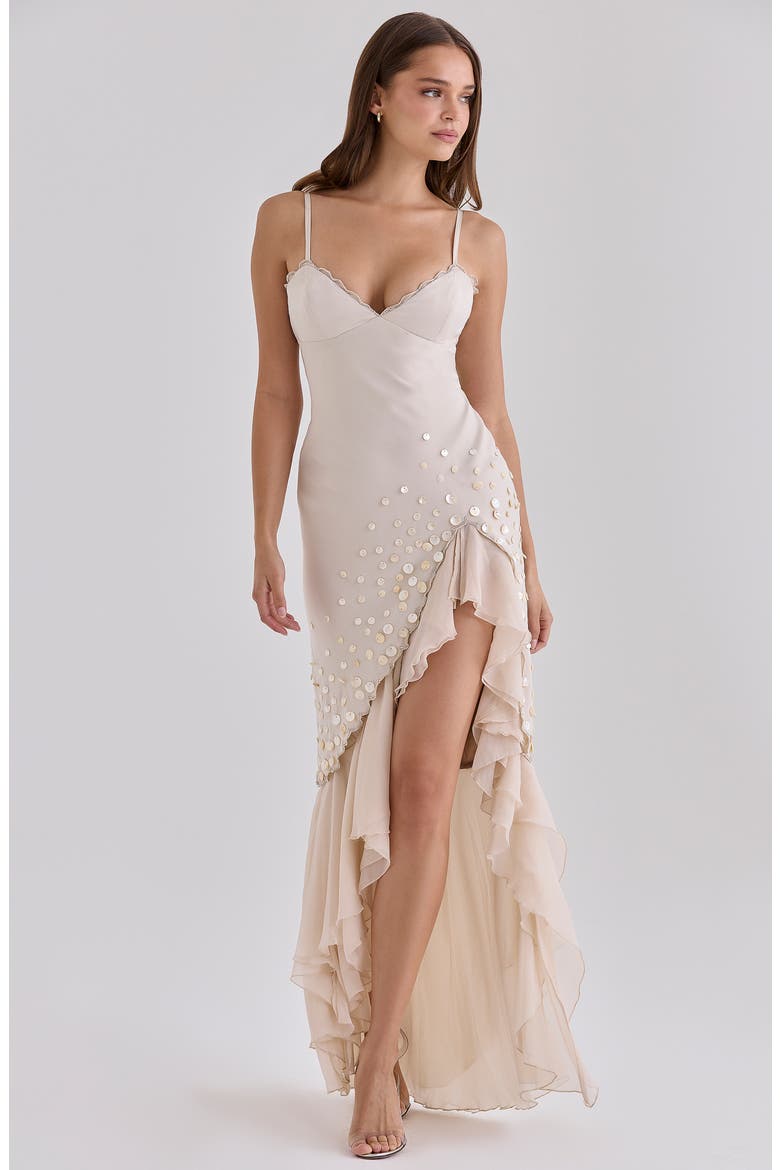 Santana Georgette Ruffle Gown, Alternate, color, ALMOND