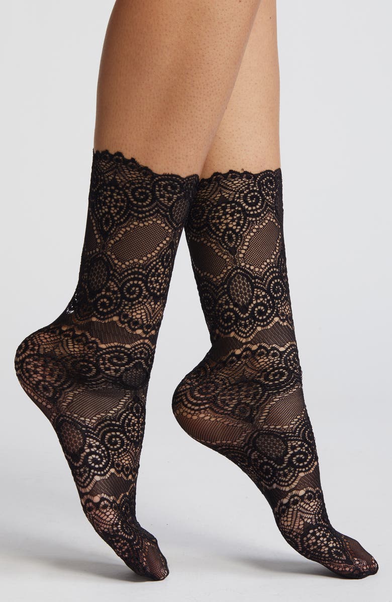 HIGH HEEL JUNGLE Scalloped Lace Crew Socks, Main, color, Black