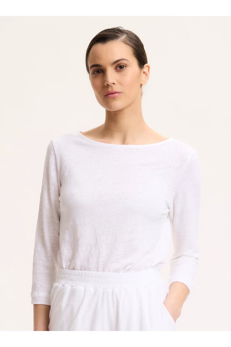 Stretch Linen Three Quarter Sleeve Boatneck T-Shirt, Main, color, BLANC
