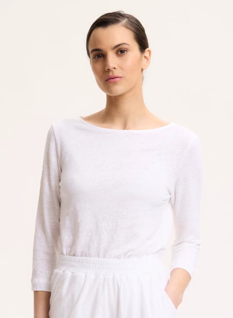 Stretch Linen Three Quarter Sleeve Boatneck T-Shirt