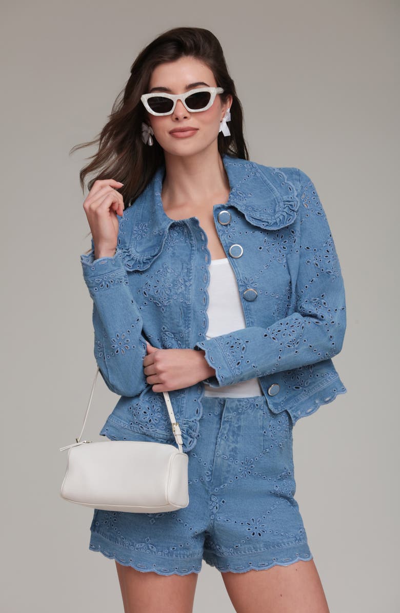 Avec Les Filles Crop Stretch Cotton Eyelet Jacket, Alternate, color, Sea Blue Wash
