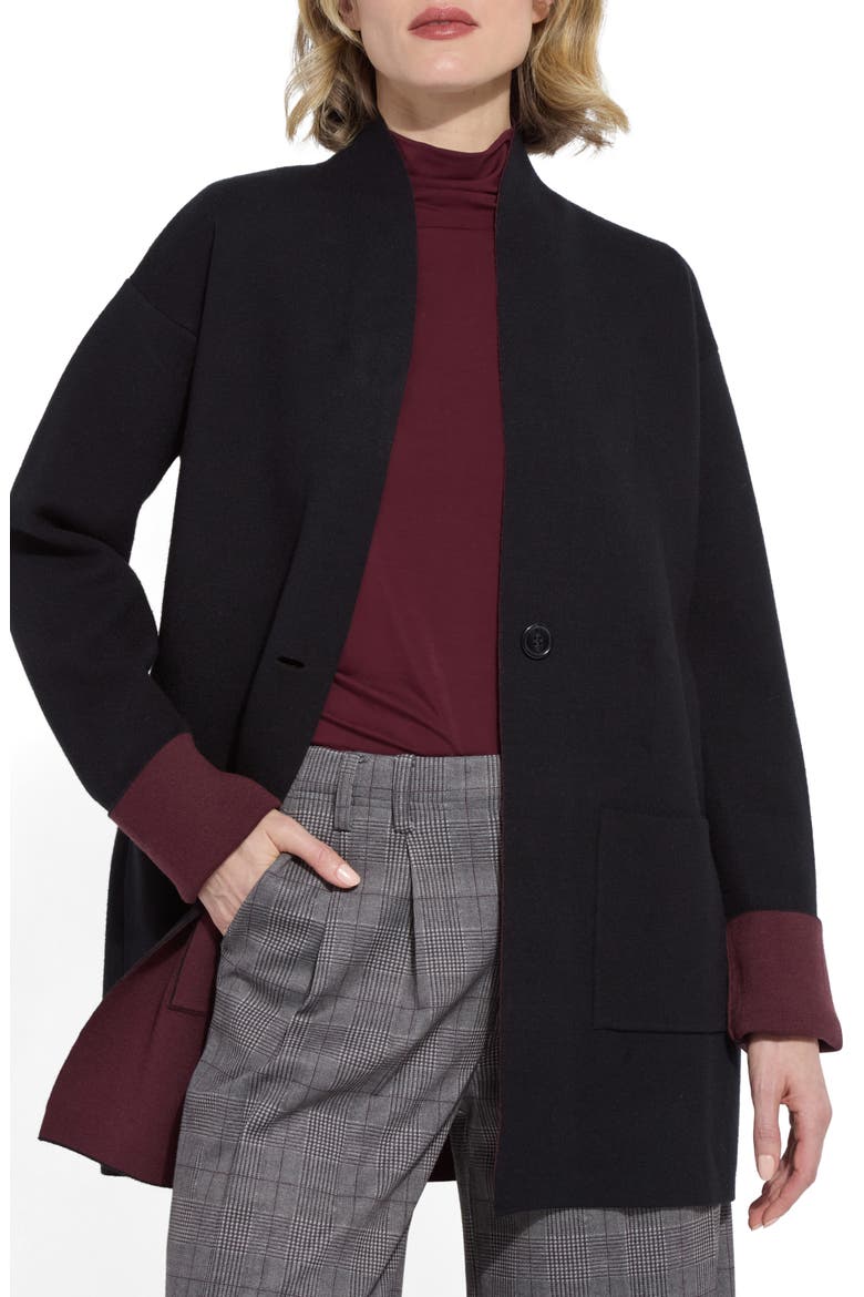 Nicolette Double Knit Cardigan, Main, color, BLACK/ DARK PLUM