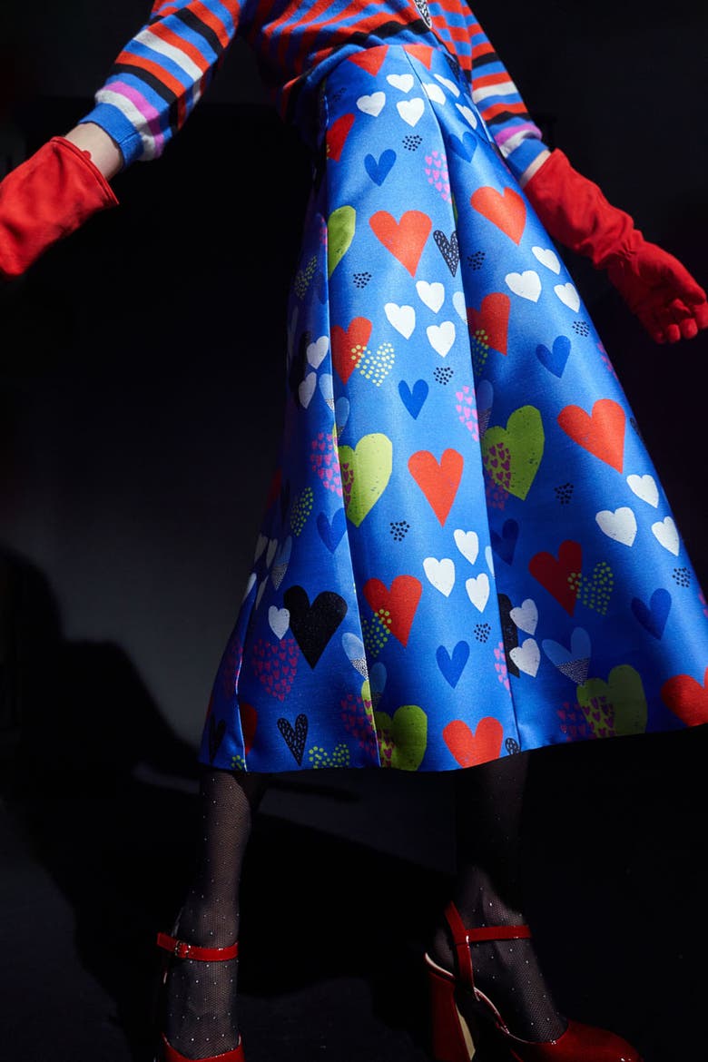 Printed Micado Skirt Multi-color - Heart print, Alternate, color, Blue / Multicolour