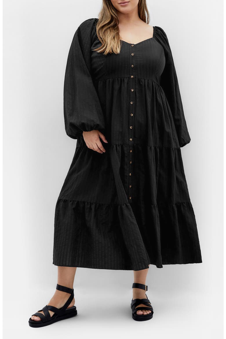 Tiana Long Sleeve Tiered Midi Dress, Main, color, BLACK