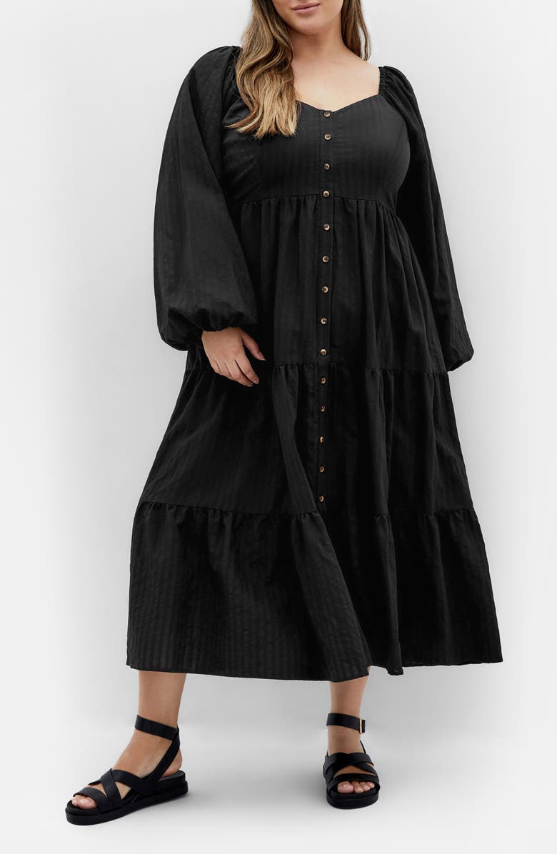 City Chic Tiana Long Sleeve Tiered Midi Dress, Main, color, Black