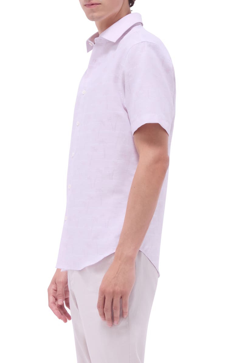 Bugatchi Orson Palm Tree Pattern Solid Short Sleeve Cotton & Linen Button-Up Shirt, Alternate, color, Dusty Pink