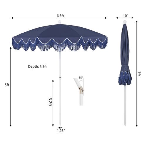 Jonathan Y Mariner 6.5 Ft. Classic Cottage Fringe Tassel Market Beach Umbrella With Push Button Tilt In Brown