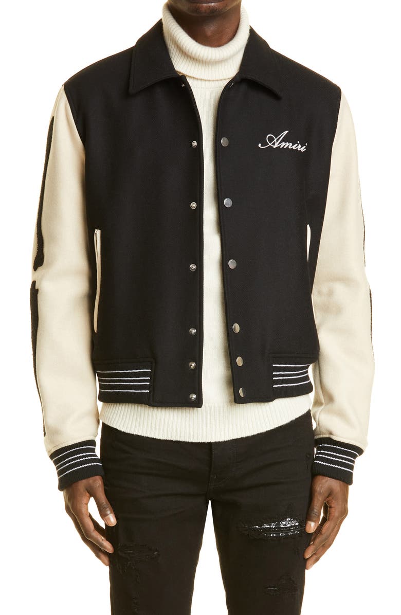 AMIRI Bones Wool Blend Varsity Jacket, Main, color, 