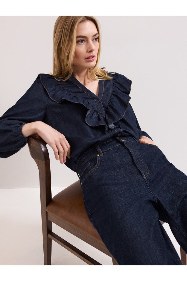 Alexia Denim Ruffle V-Neck Blouse, Alternate, color, Mid Wash