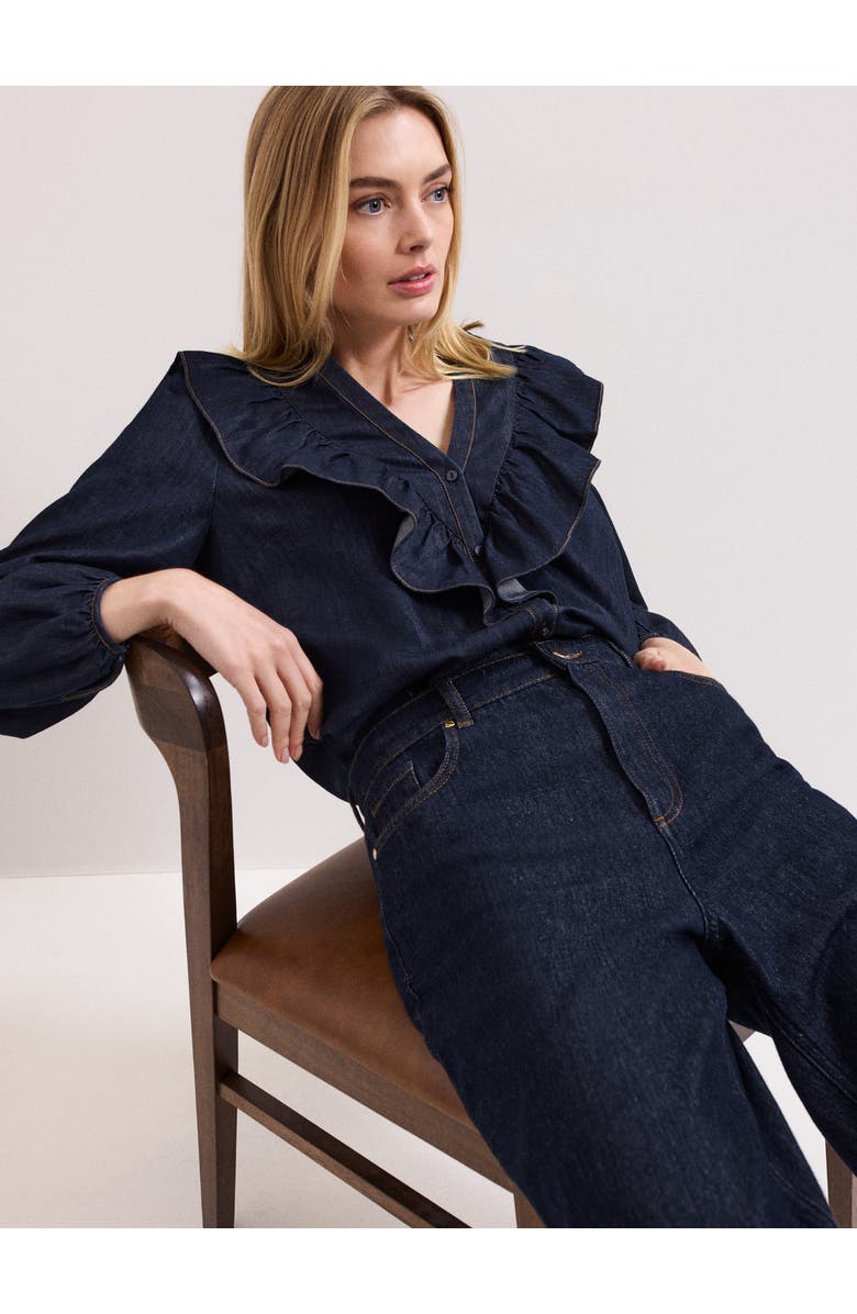 Phase Eight Alexia Denim Ruffle V-Neck Blouse, Alternate, color, Mid Wash