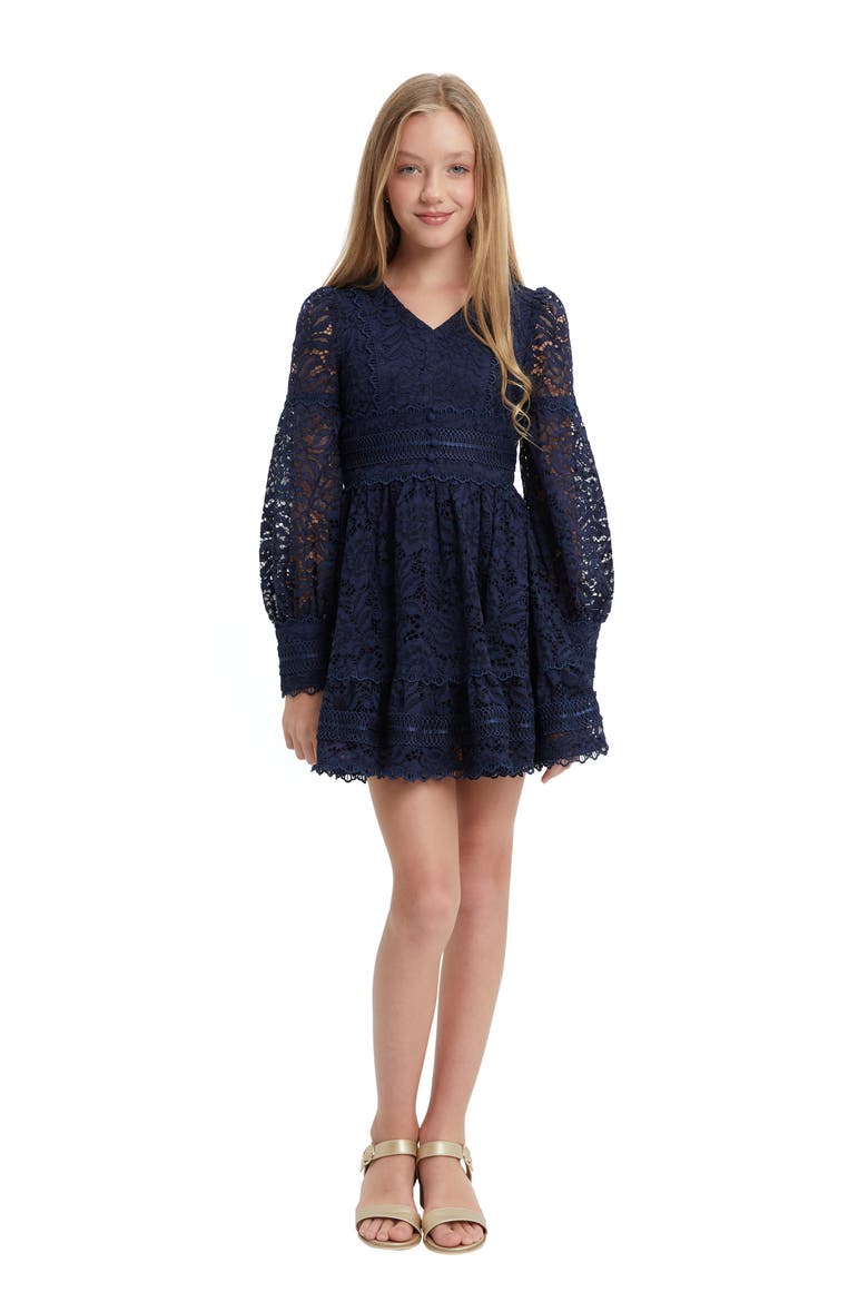 Kids' Venice Long Sleeve Lace Party Dress, Main, color, NAVY