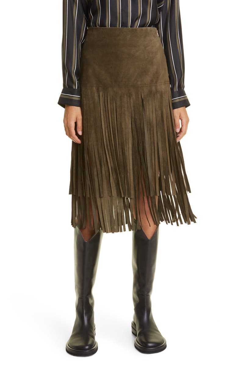 Max Mara Battage Fringe Suede Midi Skirt, Main, color,