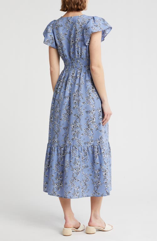 Shop Melrose And Market Flutter Sleeve Smocked Waist Midi Dress In Blue- Ivory Quinn Floral