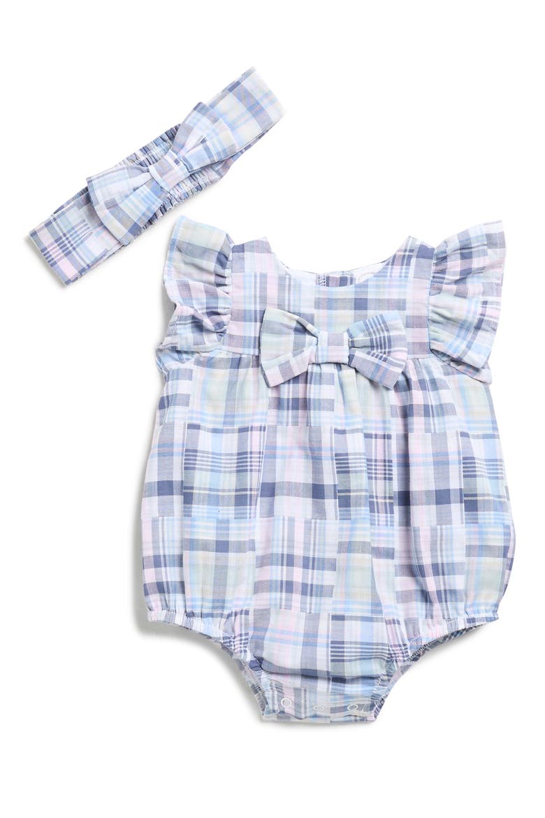 Newport Madras Bubble Bodysuit & Headband Set, Main, color, BLUE PLAID