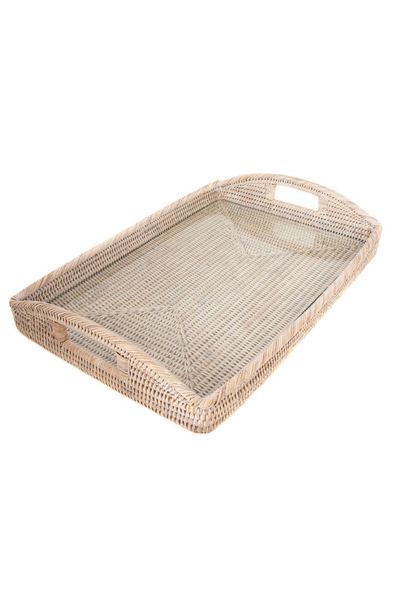 Rectangular Rattan Tray with Glass Insert, Main, color, White Wash