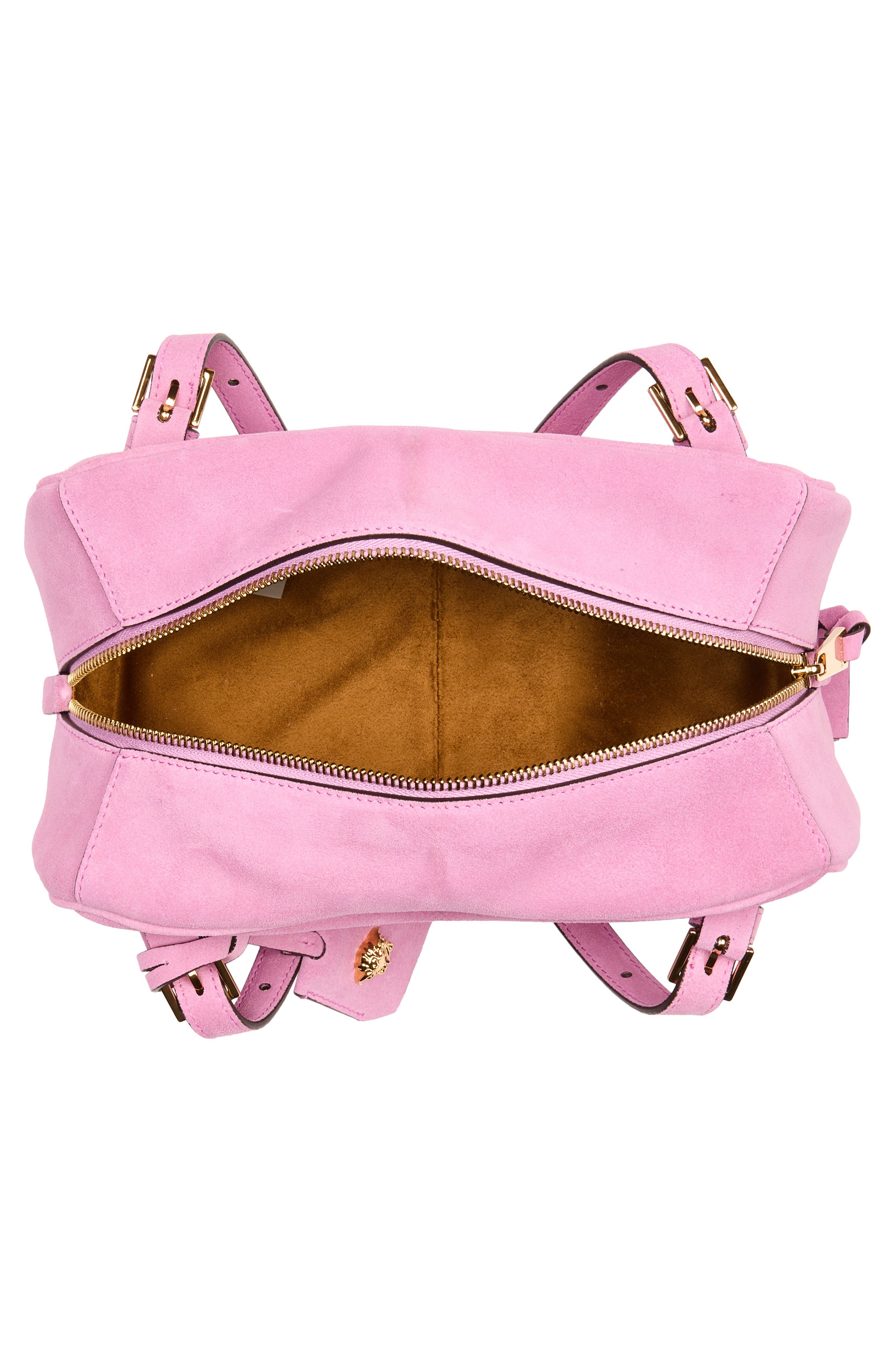 Versace Logo East/West Suede Shoulder Bag, Alternate, color, Dusty Mauve Gold