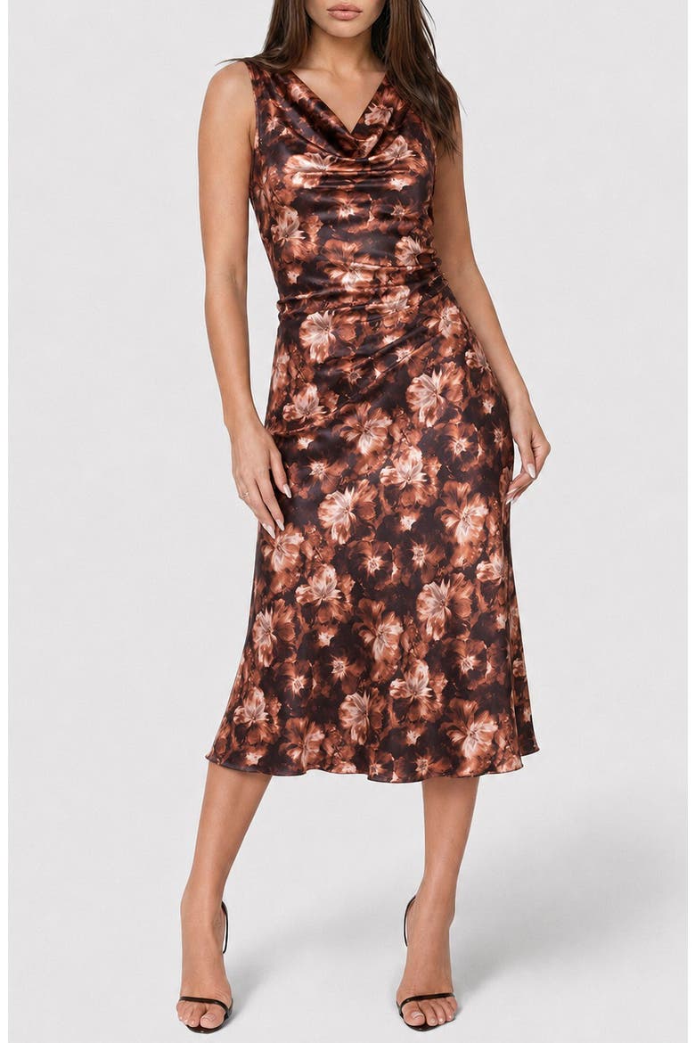 Floral Cowl Neck Sleeveless Satin Midi Dress, Main, color, BROWN MULTI