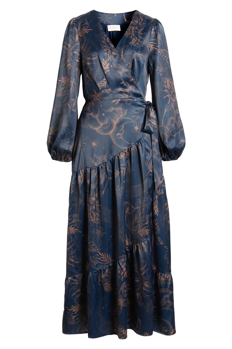 Lilian Long Sleeve Satin Maxi Wrap Dress, Alternate, color, NAVY MULTI