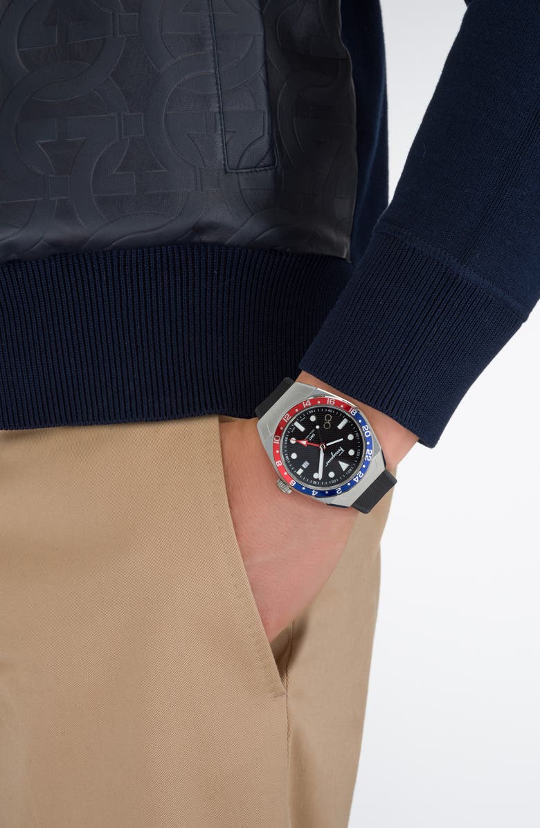 FERRAGAMO SLX GMT Silicone Strap Watch, 43mm, Alternate, color, Silver