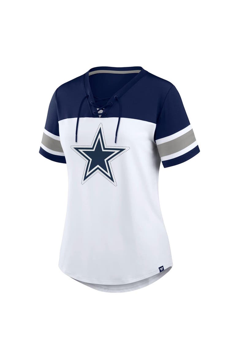 Women's Fanatics White/Navy Dallas Cowboys Athena Rhinestone Lace-Up V-Neck T-Shirt, Alternate, color, White