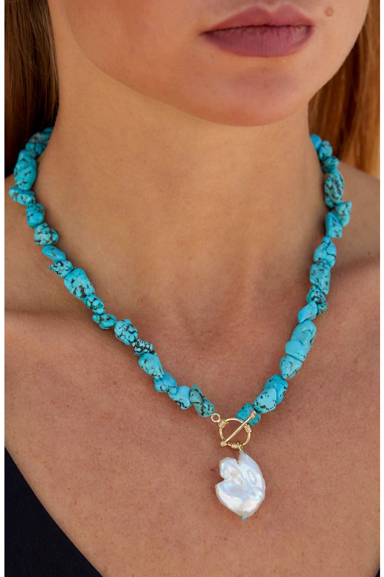 Dyed Howlite & Baroque Pearl Pendant Toggle Necklace, Alternate, color, TURQUOISE