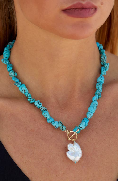 Savvy Cie Jewels Dyed Howlite & Baroque Pearl Pendant Toggle Necklace In Turquoise