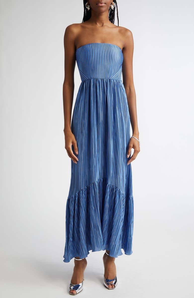 Ramy Brook Deyvani Stripe Strapless Maxi Dress, Main, color, Ribbon Blue Pleated