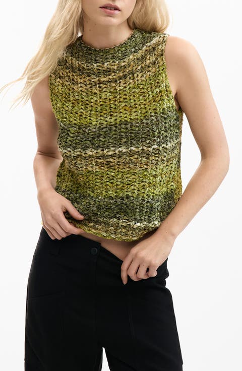 Stripe Sleeveless Cotton Blend Crochet Sweater