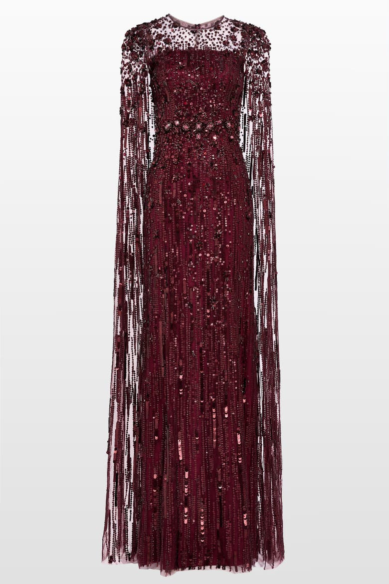 Ruby Sequin-Embellished Cape Maxi Dress, Main, color, Cardinal