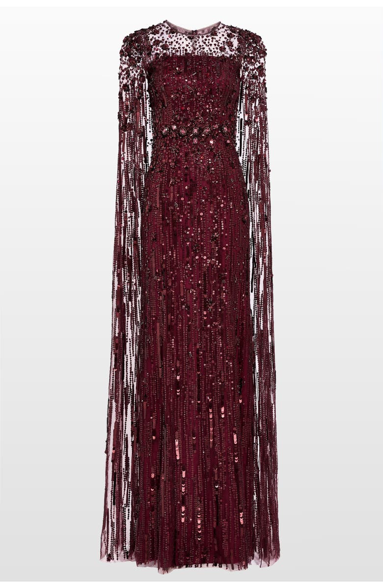 Jenny Packham Ruby Sequin-Embellished Cape Maxi Dress, Main, color, Cardinal