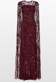 Jenny Packham Ruby Sequin-Embellished Cape Maxi Dress