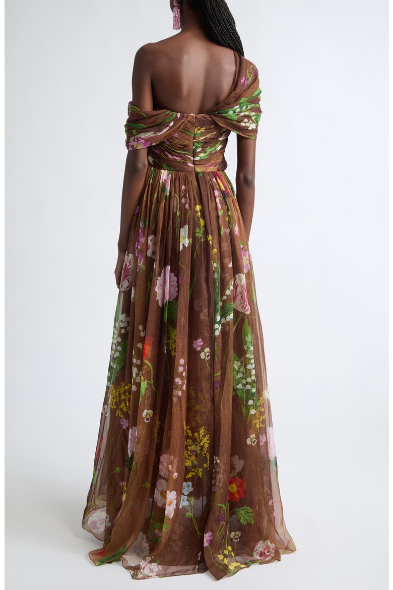 Floral One-Shoulder Silk Chiffon Gown, Alternate, color, BROWN MULTI