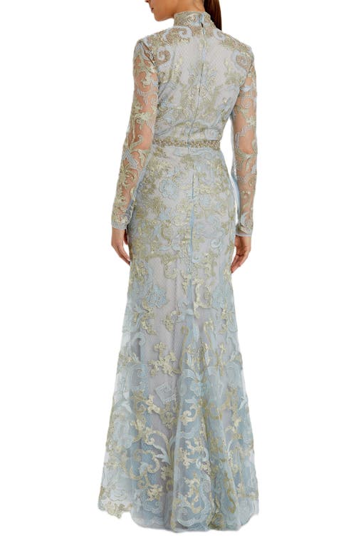 Mac Duggal Long Sleeve Applique V-neck Gown In Powder Blue