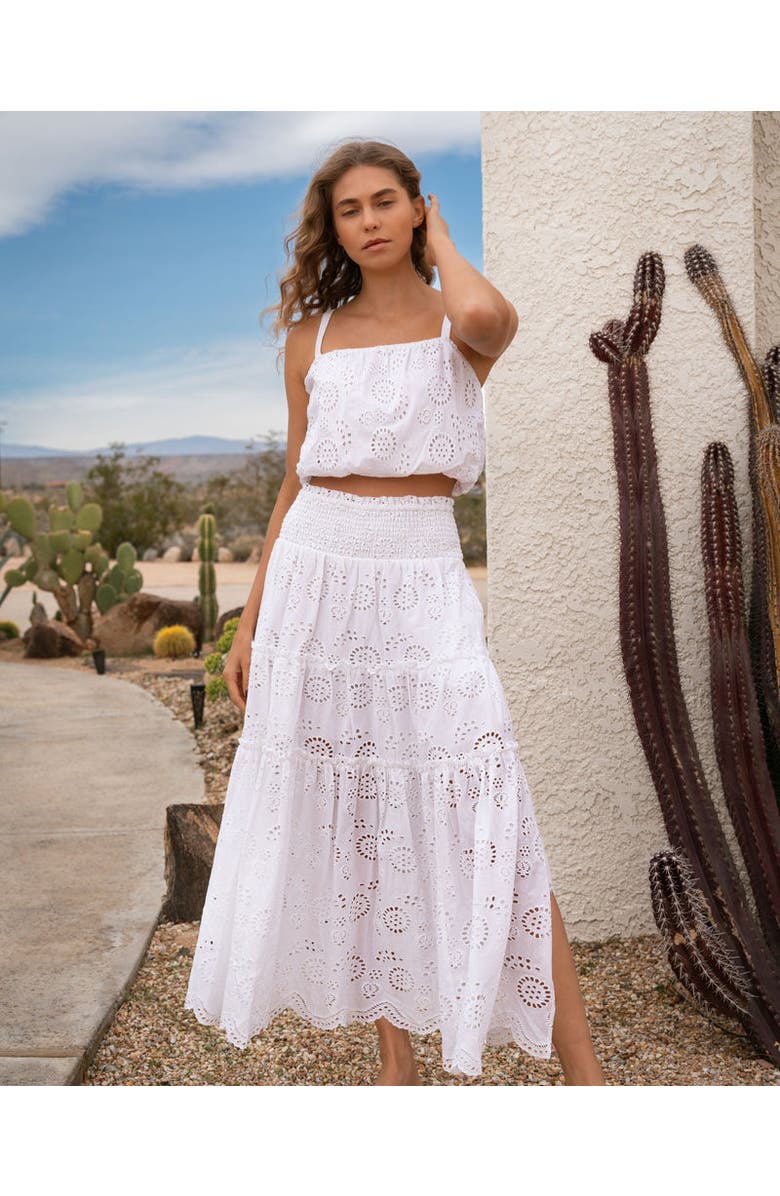 Change of Scenery Charlie Eyelet Embroidered Smock Waist Slit Skirt, Alternate, color, Fresh White