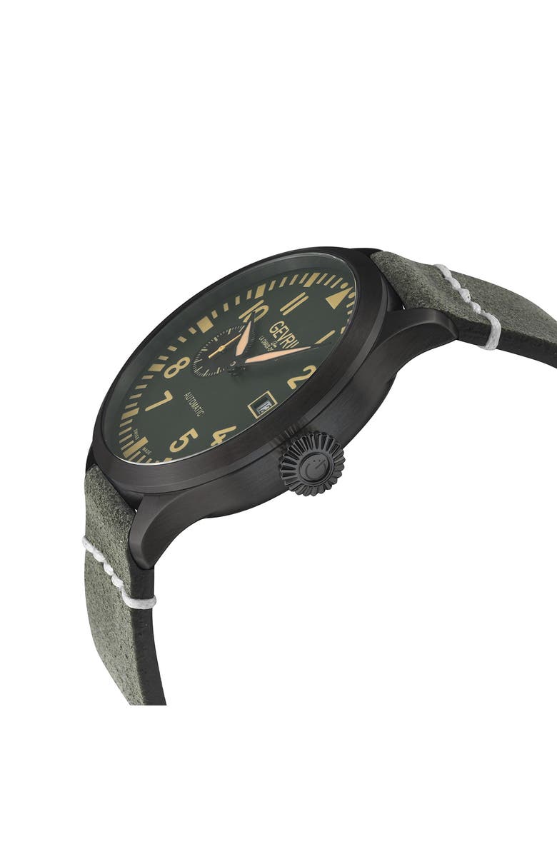 GEVRIL Vaughn Leather Strap Automatic Watch, 44mm, Alternate, color, Green