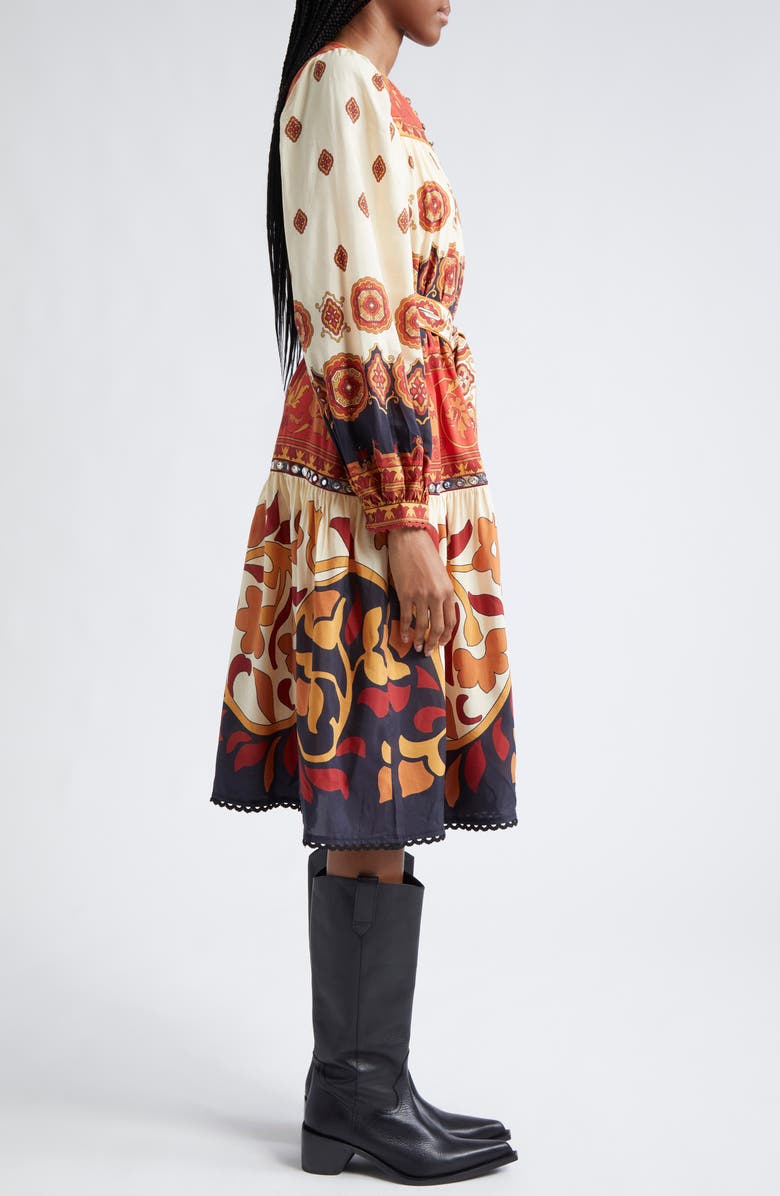 FARM Rio Ainika Tiles Tie Waist Long Sleeve Midi Dress, Alternate, color, Ainika Tiles Cream