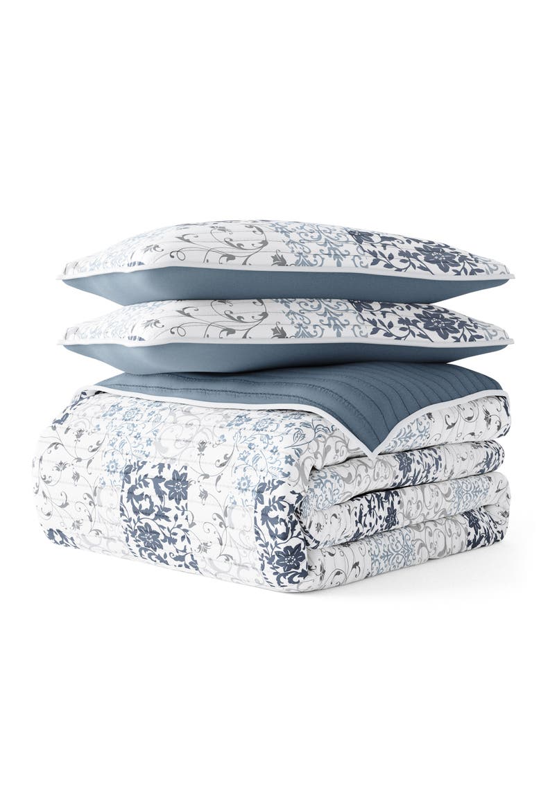 All Season Patchwork 3-Piece Down Alternative Reversible Quilt Set, Main, color, DUSK BLUE