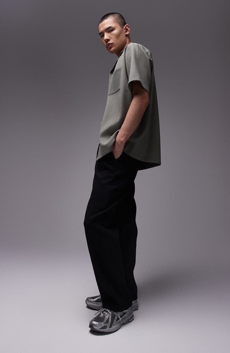 Topman Ottoman Knit Camp Shirt, Alternate, color, Khaki