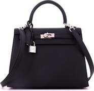 Pre-Owned Hermes Kelly Handbag Black Epsom with Palladium Hardware 25