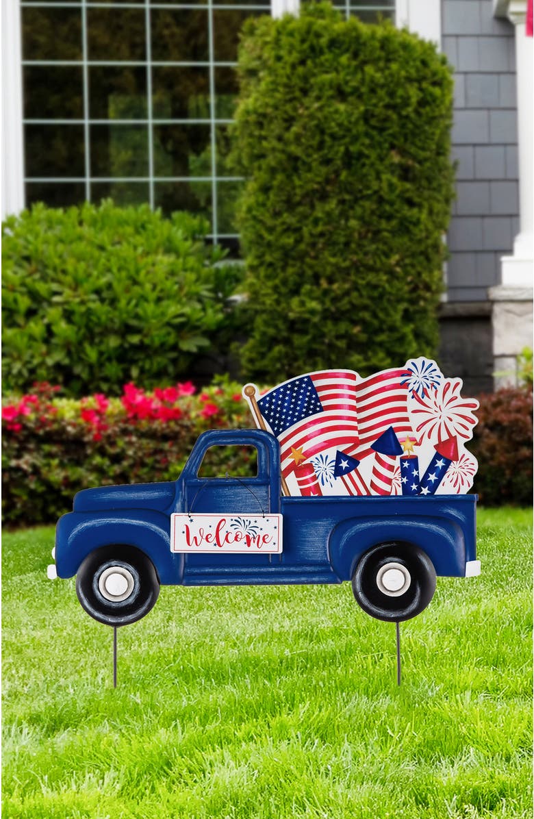 Glitzhome Metal Patriotic Americana Truck Yard Stake or Wall Decor, Alternate, color, Blue