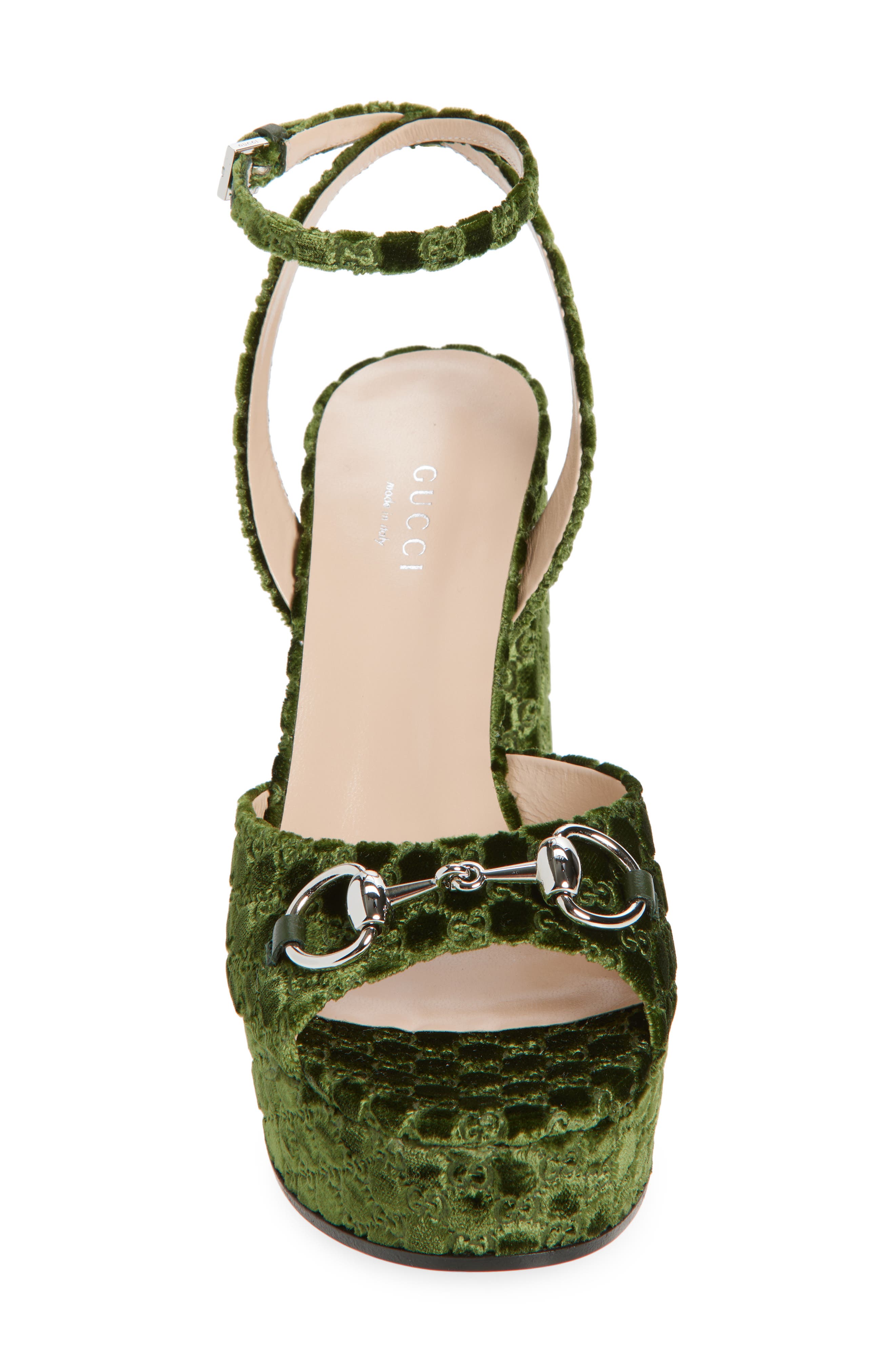 Gucci Lady Horsebit GG Logo Velvet Platform Sandal, Alternate, color, Dark Green