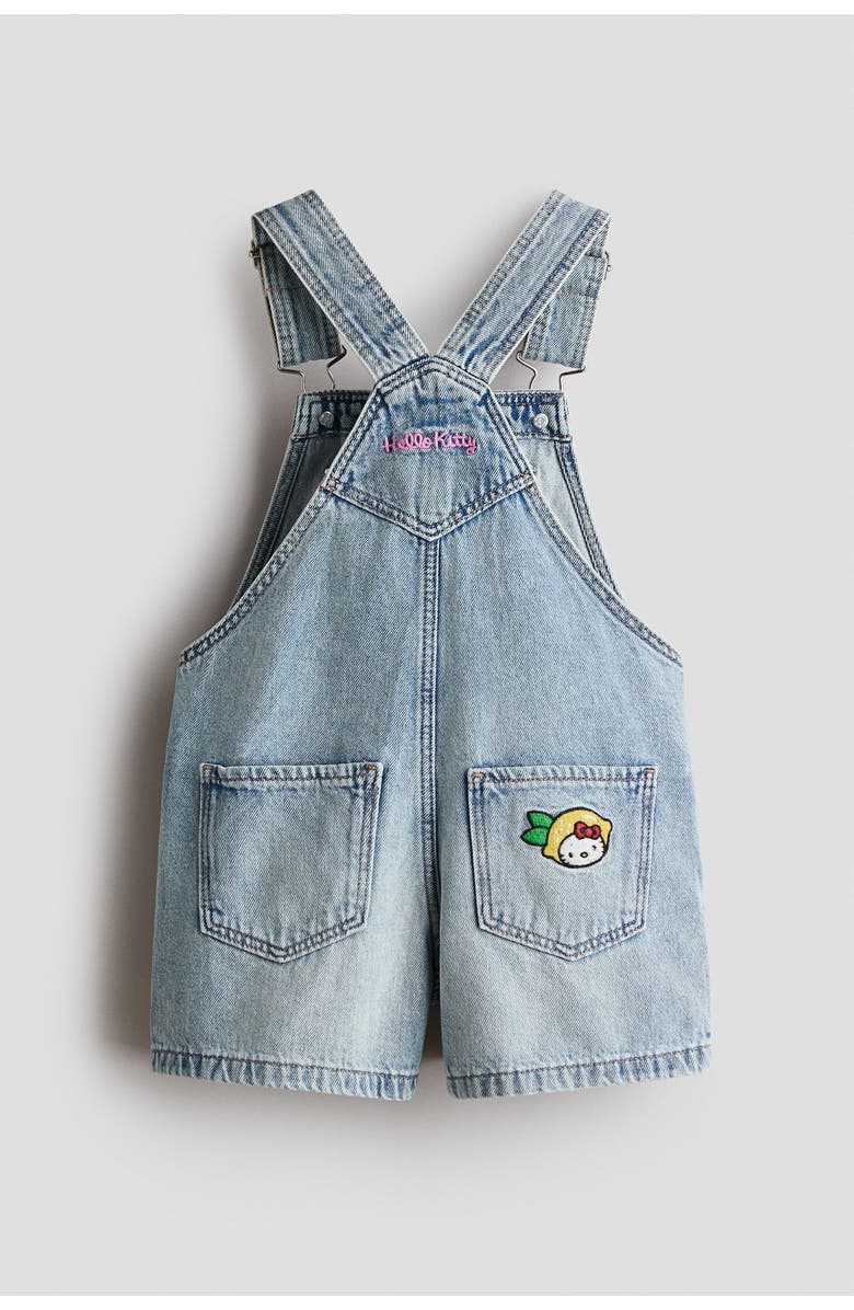 H&M Appliquéd denim overall shorts, Alternate, color, Light Denim Blue/Hello Kitty